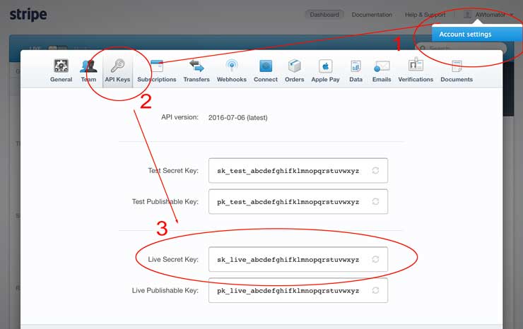 stripe aweber integration: stripe-api-key