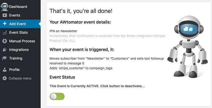 stripe aweber integration: awtomator event