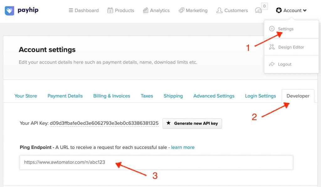 How To Integrate Payhip With AWeber Campaigns 5 Setting the ping endpoint in Payhip