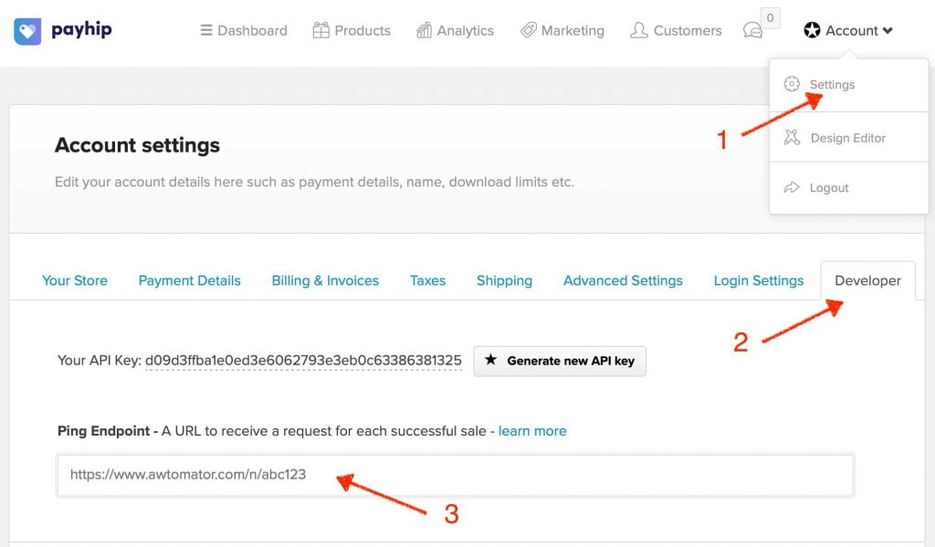 Setting the ping endpoint in Payhip